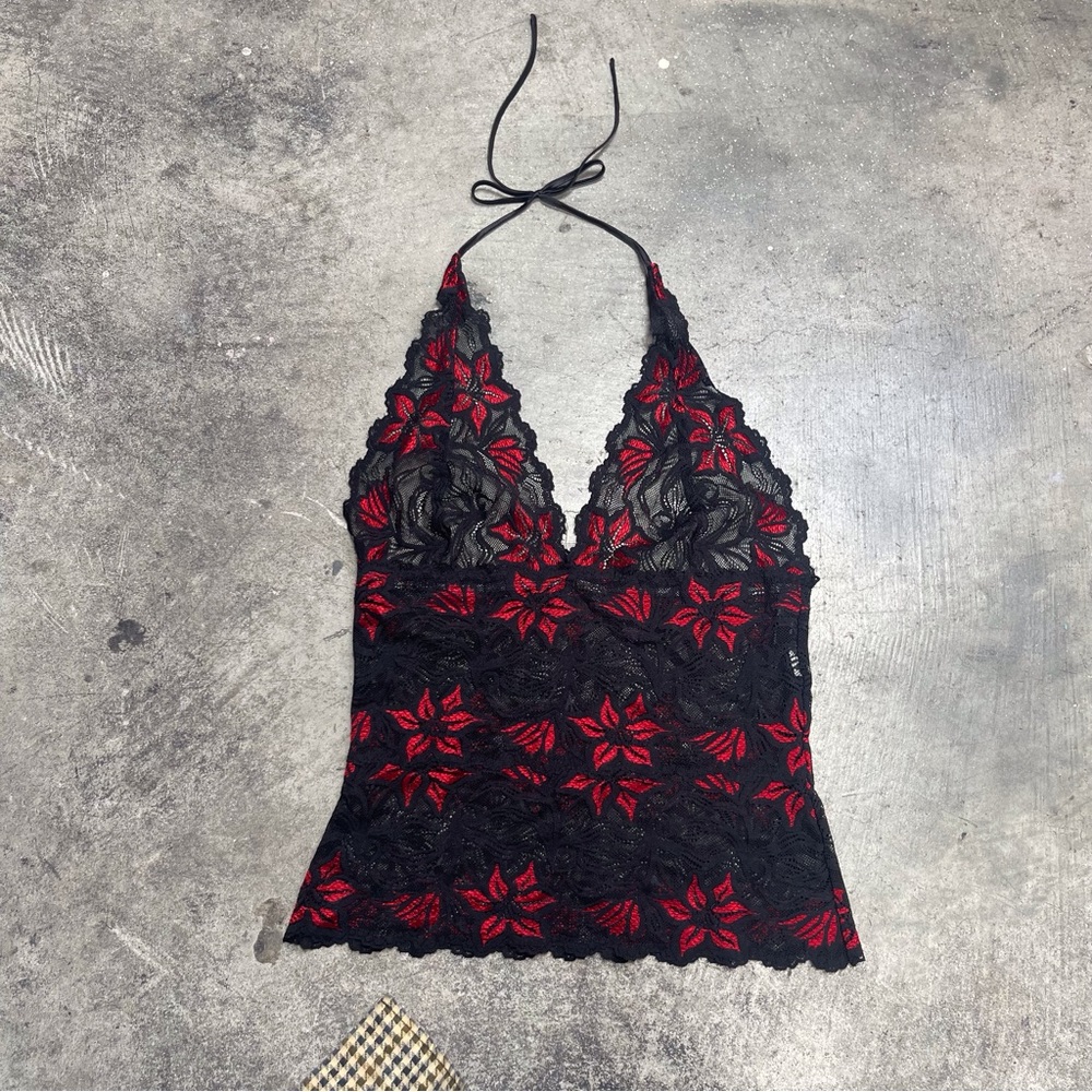 FREDERICKS Black and Red Lace Halter Top